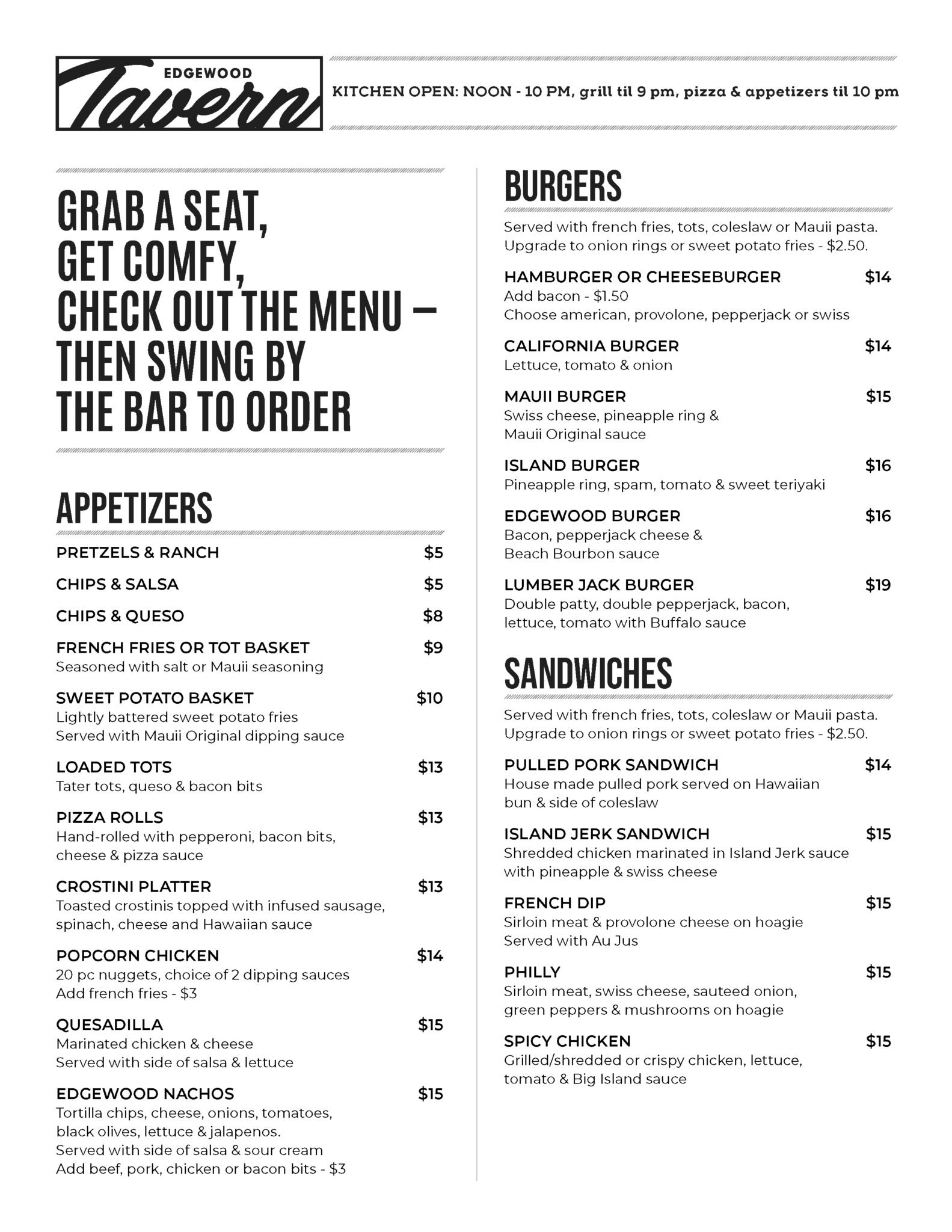 Edgewood Tavern menu part 1
