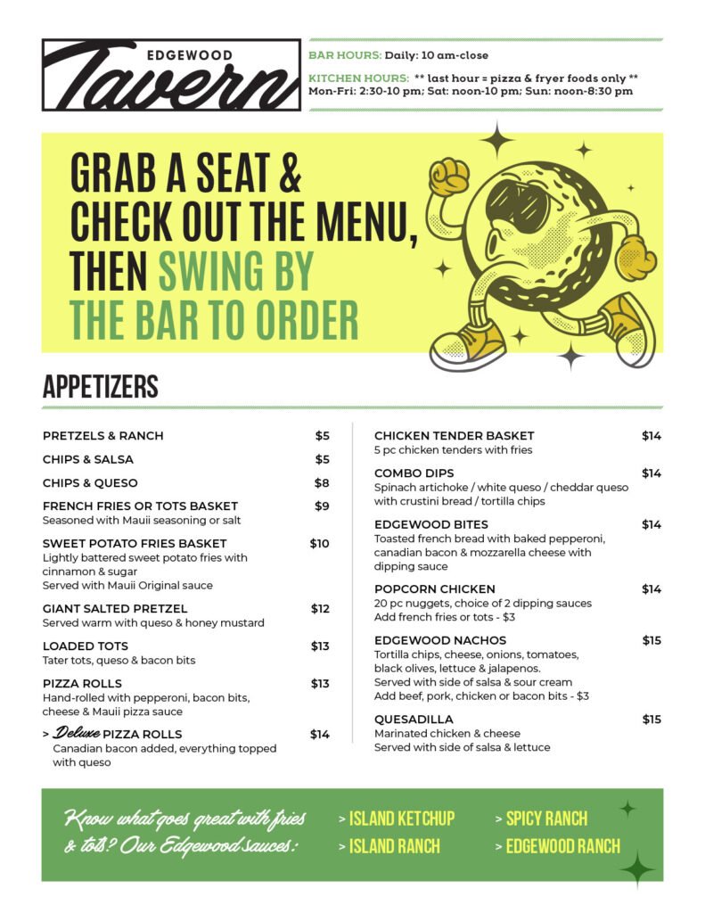 Edgewood Tavern menu pg 1